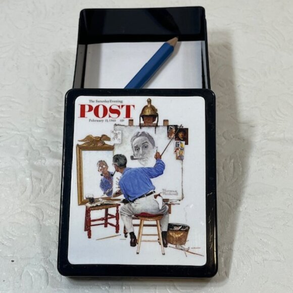 VTG Norman Rockwell Triple Self-Portrait Plastic Box w/Paper & Pencil 2.5"x3.25" - Picture 1 of 12